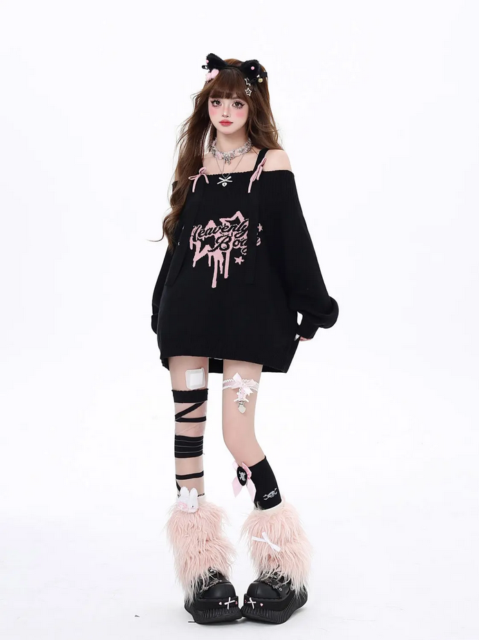 Y2k Coquette Gothic Off Shoulder Knitted Pullover Sweater