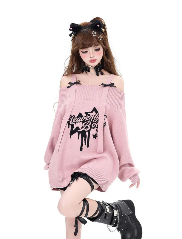 Y2k Coquette Gothic Off Shoulder Knitted Pullover Sweater