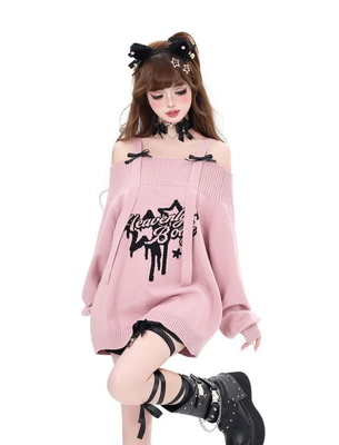 Y2k Coquette Gothic Off Shoulder Knitted Pullover Sweater