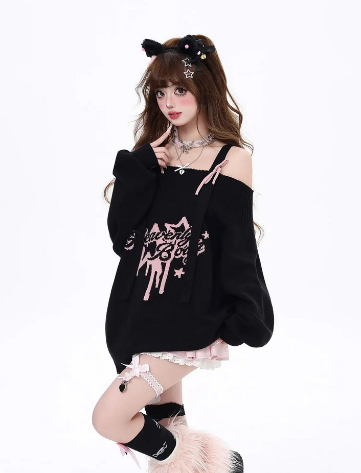 Y2k Coquette Gothic Off Shoulder Knitted Pullover Sweater