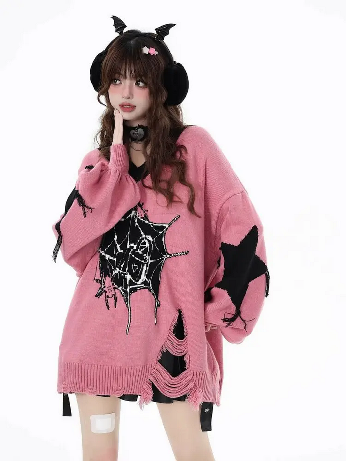 Loose Casual Women Y2k V Neck Sweater