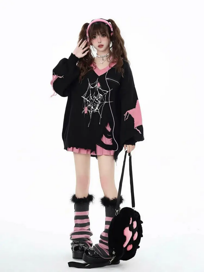 Loose Casual Women Y2k V Neck Sweater