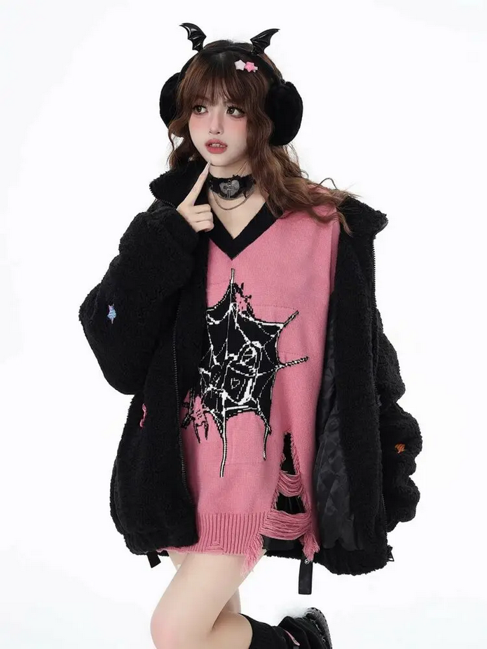 Loose Casual Women Y2k V Neck Sweater