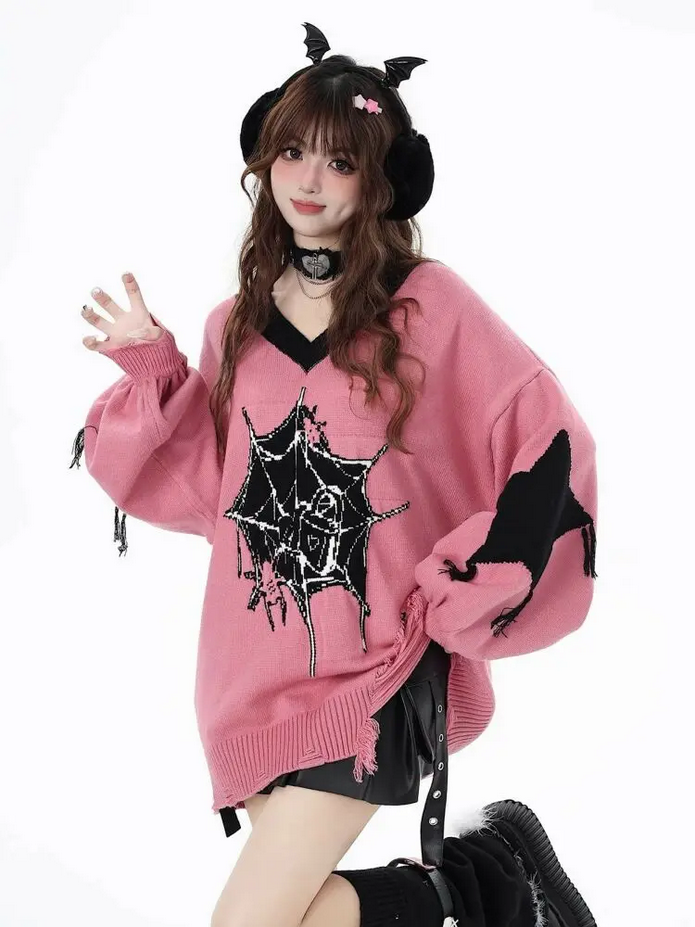 Loose Casual Women Y2k V Neck Sweater