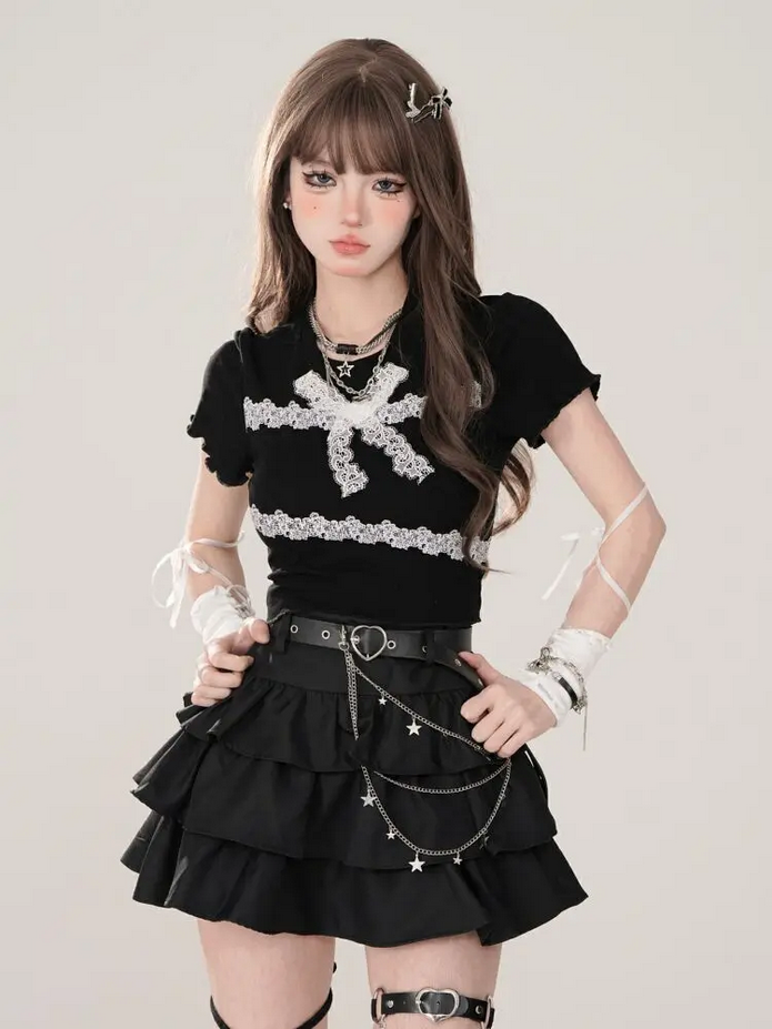 Black Gothic A-line Ruffled Cake Skirt