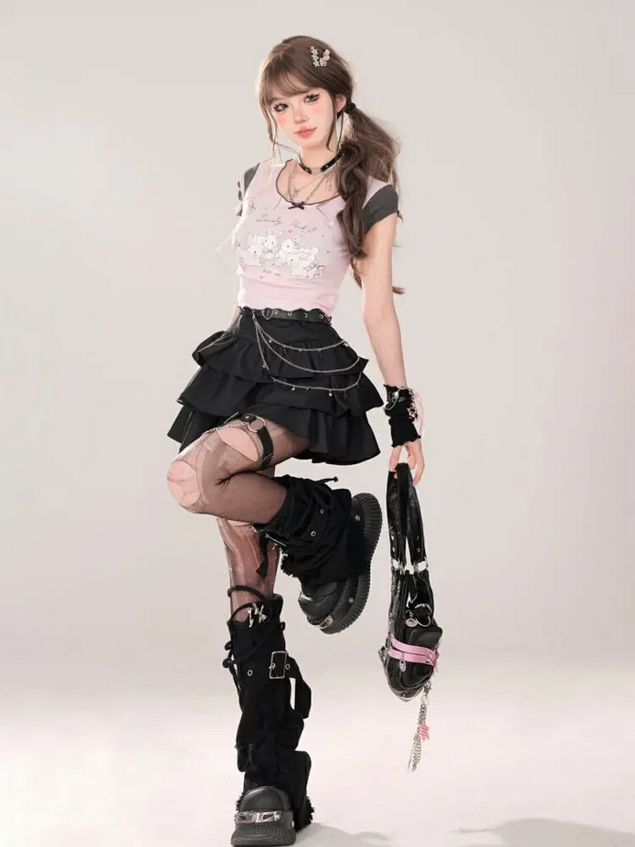 Black Gothic A-line Ruffled Cake Skirt