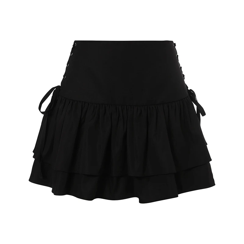 Lace up Goth Ruffle Black Mini Skirt