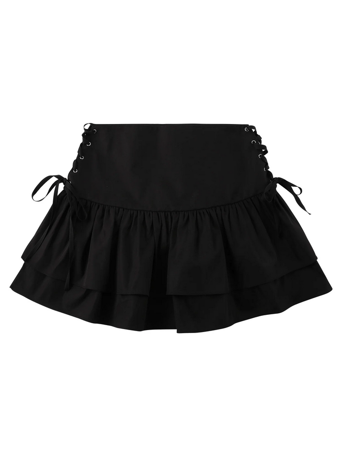 Lace up Goth Ruffle Black Mini Skirt