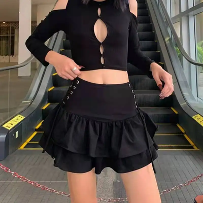 Lace up Goth Ruffle Black Mini Skirt