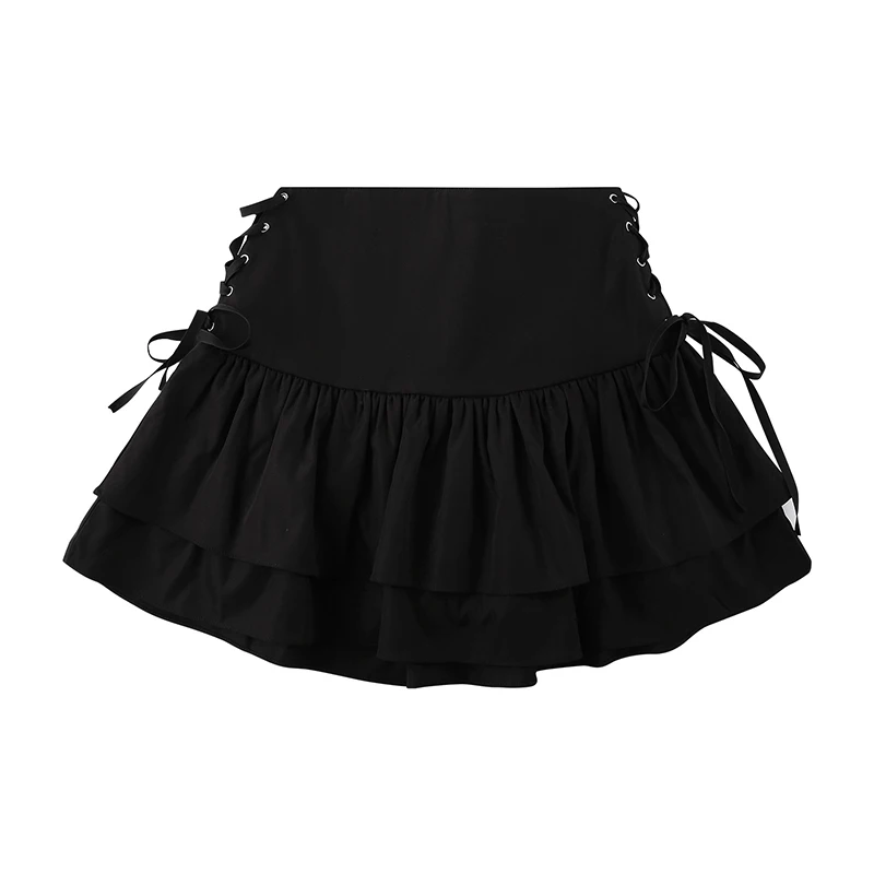 Lace up Goth Ruffle Black Mini Skirt