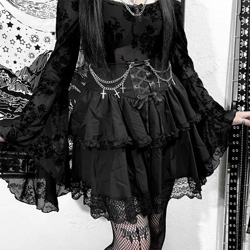High Waist Irregular Ruffle Patchwork Fairycore Gothic Skirt