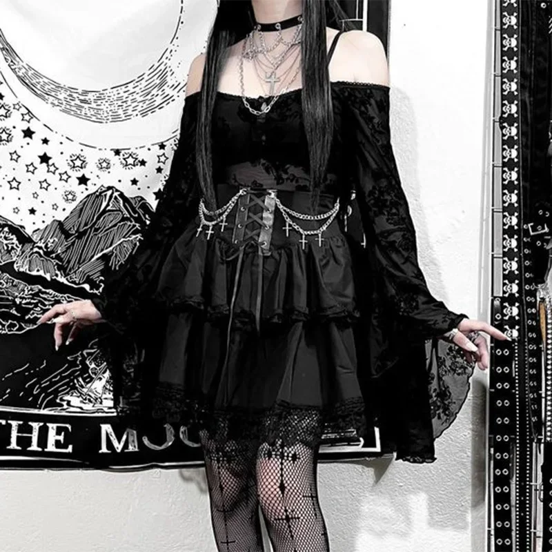 High Waist Irregular Ruffle Patchwork Fairycore Gothic Skirt