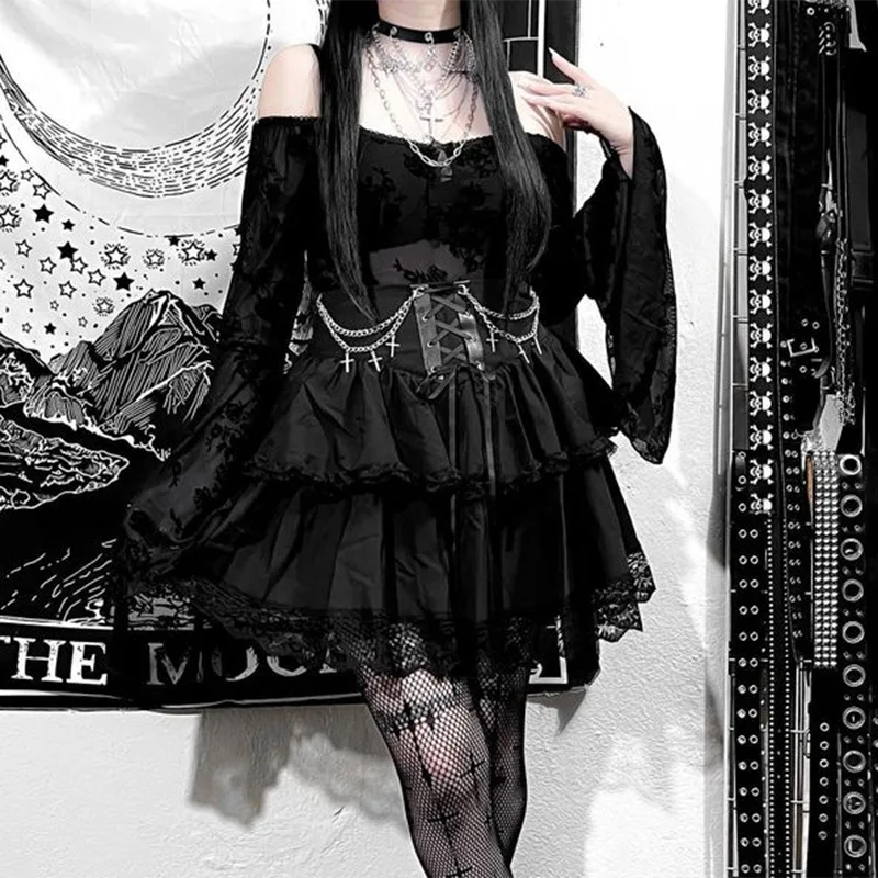 High Waist Irregular Ruffle Patchwork Fairycore Gothic Skirt
