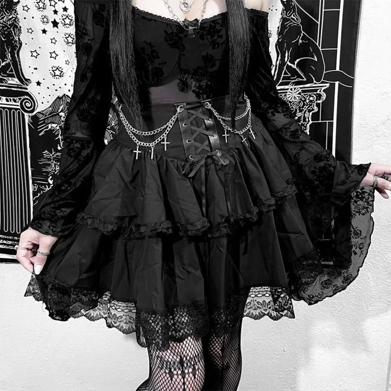High Waist Irregular Ruffle Patchwork Fairycore Gothic Skirt