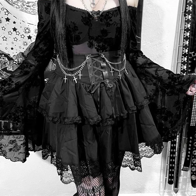 High Waist Irregular Ruffle Patchwork Fairycore Gothic Skirt