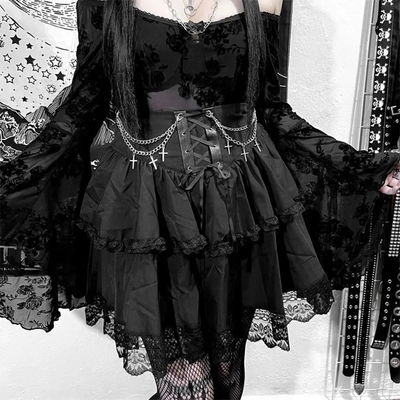 High Waist Irregular Ruffle Patchwork Fairycore Gothic Skirt