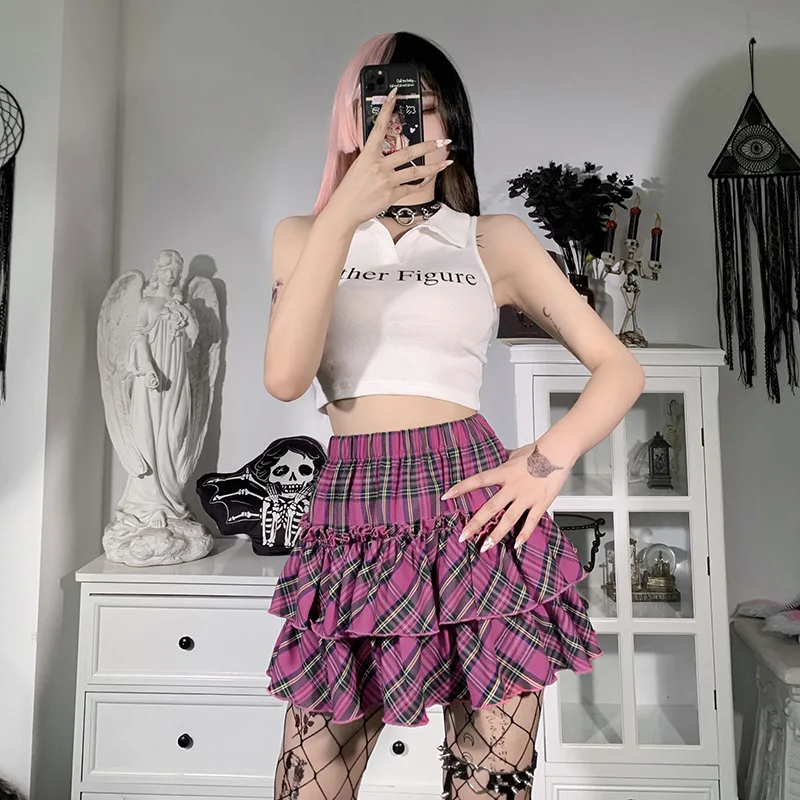 Goth High Waist Plaid Ruffle Skirt