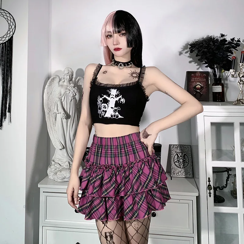 Goth High Waist Plaid Ruffle Skirt