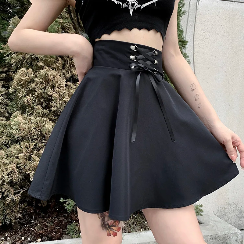 Lace-up Flared Casual Mini Skater Skirt