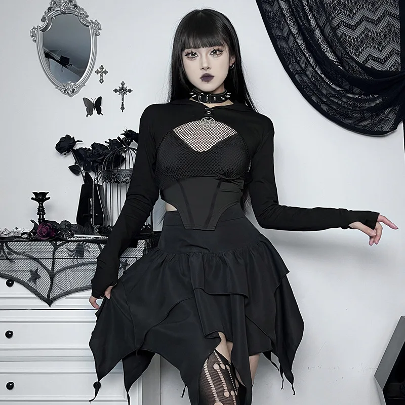 Gothic Punk Black Irregular Skirt with Belt
