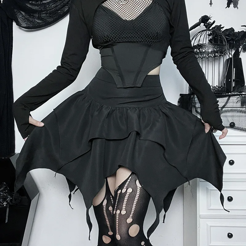 Gothic Punk Black Irregular Skirt with Belt