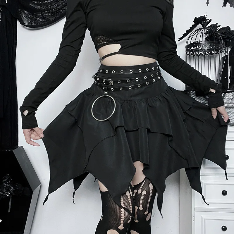 Gothic Punk Black Irregular Skirt with Belt