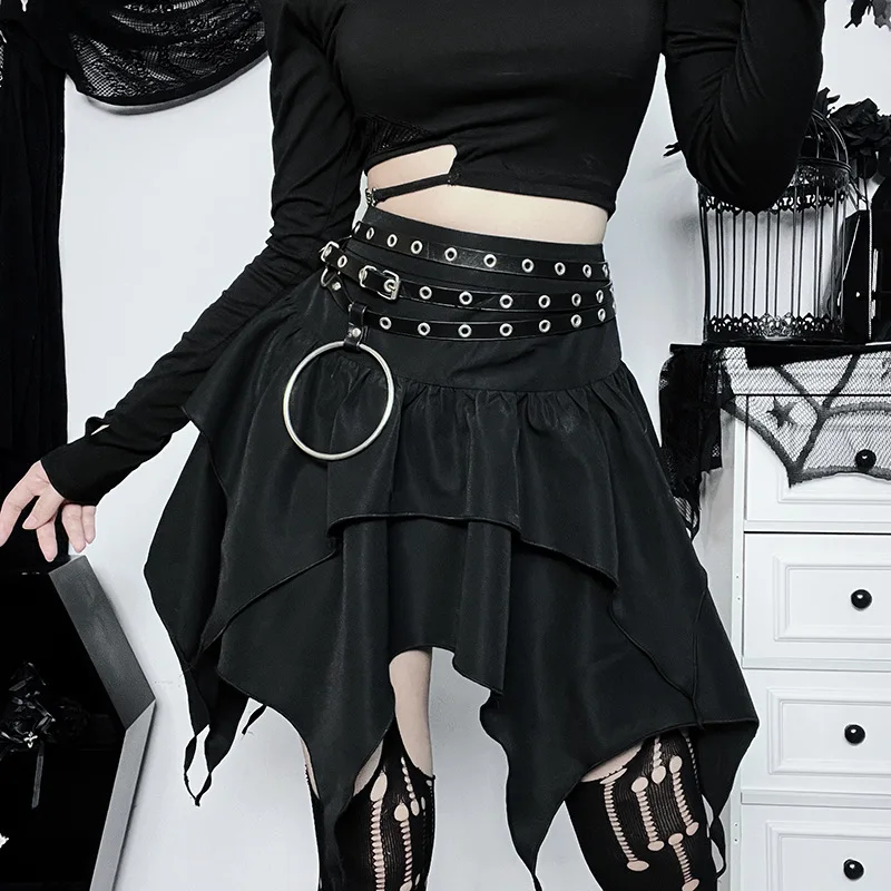 Gothic Punk Black Irregular Skirt with Belt