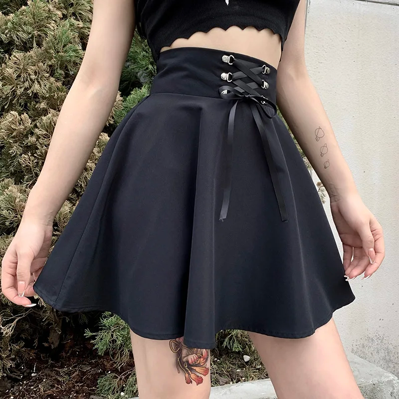 Lace-up Flared Casual Mini Skater Skirt