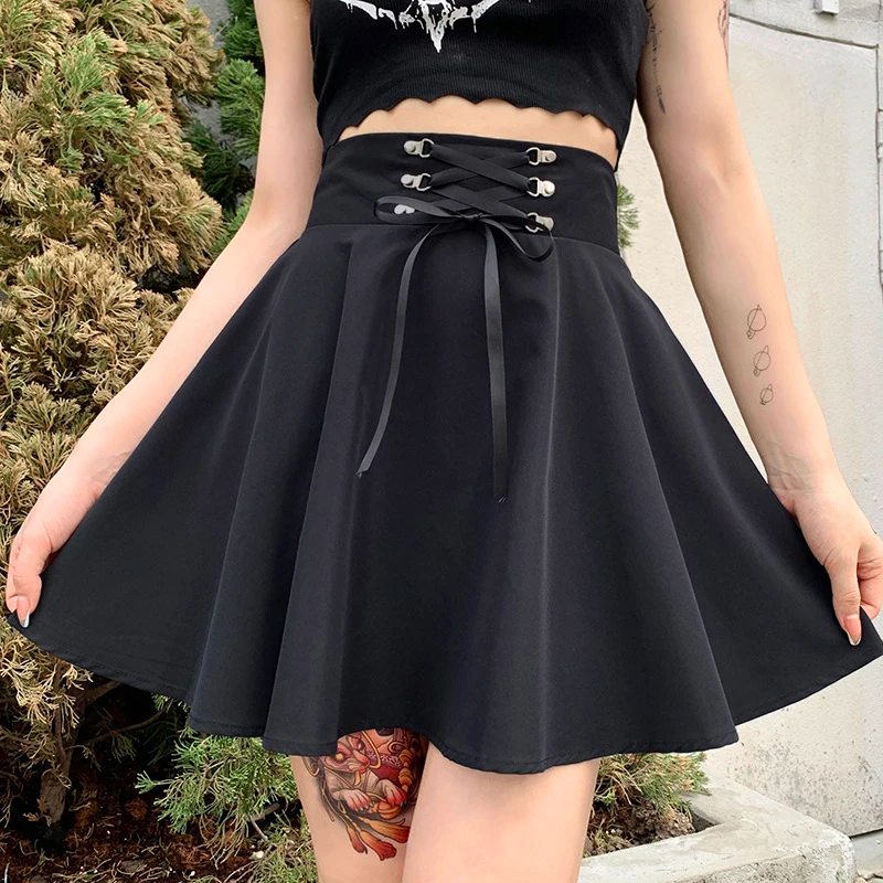 Lace-up Flared Casual Mini Skater Skirt