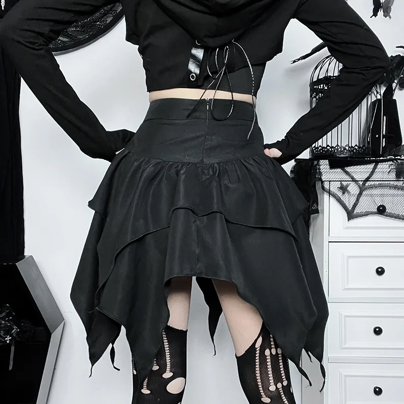 Gothic Punk Black Irregular Skirt with Belt