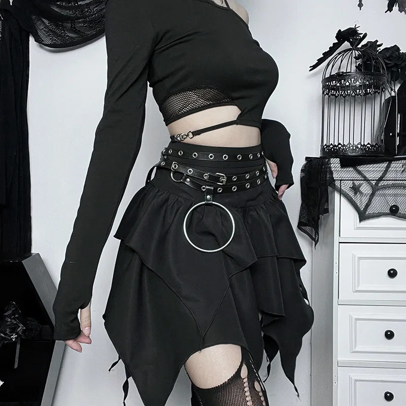Gothic Punk Black Irregular Skirt with Belt