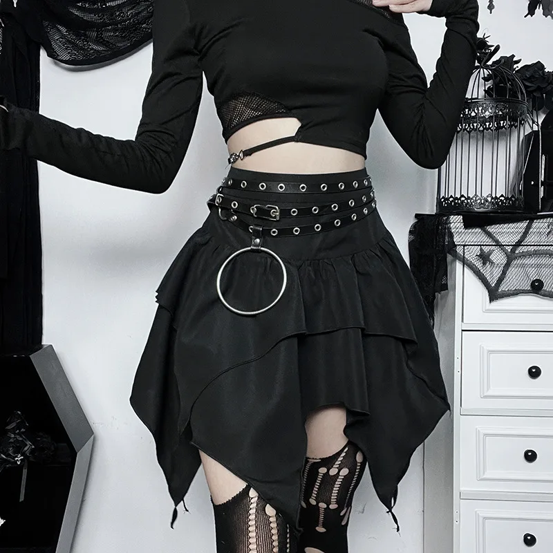 Gothic Punk Black Irregular Skirt with Belt