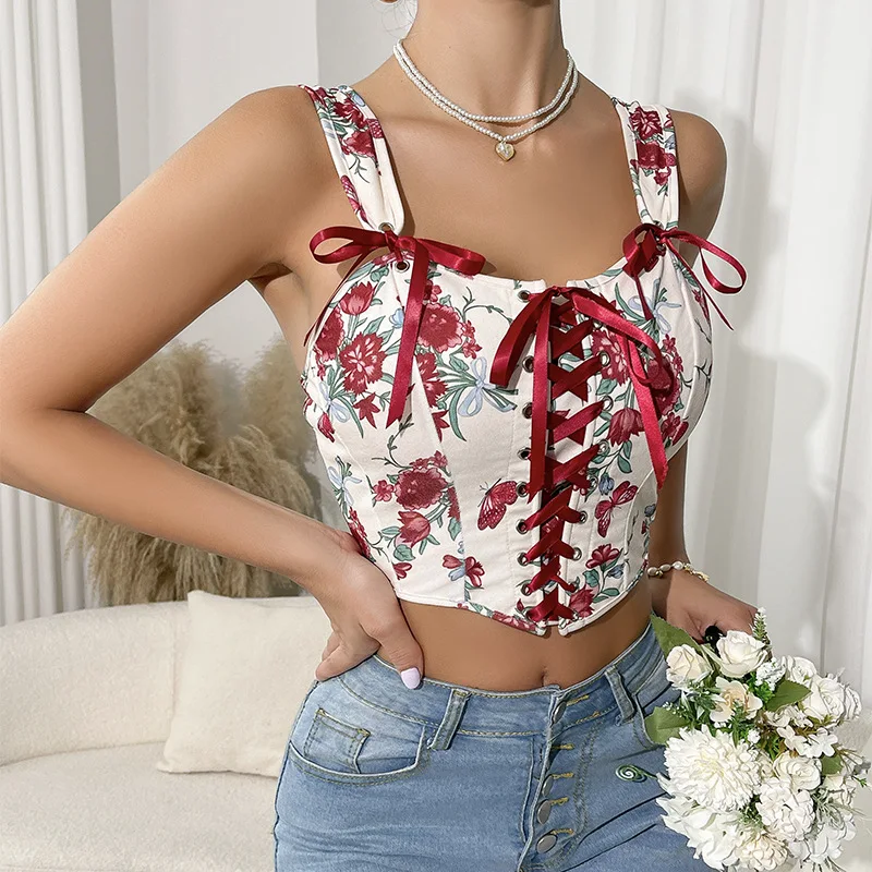 Vintage Bow Floral Corset Tops