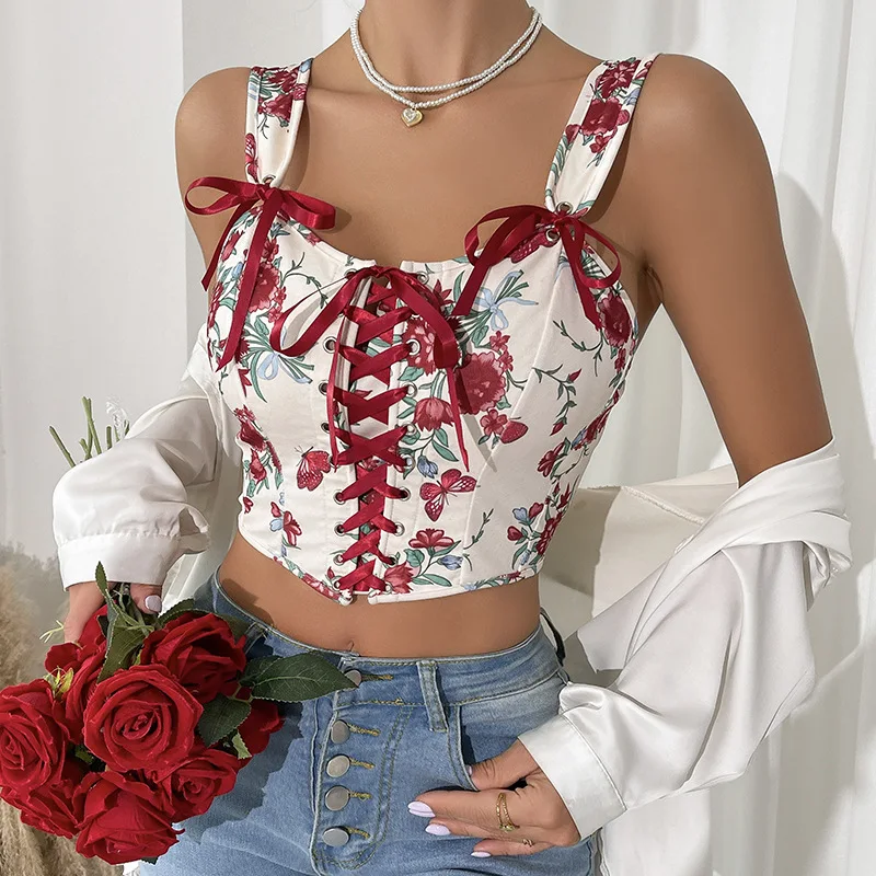 Vintage Bow Floral Corset Tops