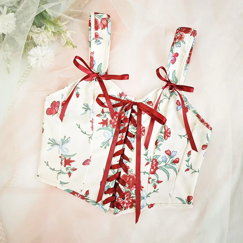 Vintage Bow Floral Corset Tops