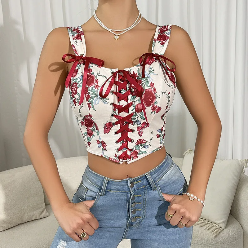 Vintage Bow Floral Corset Tops