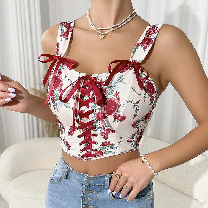Vintage Bow Floral Corset Tops
