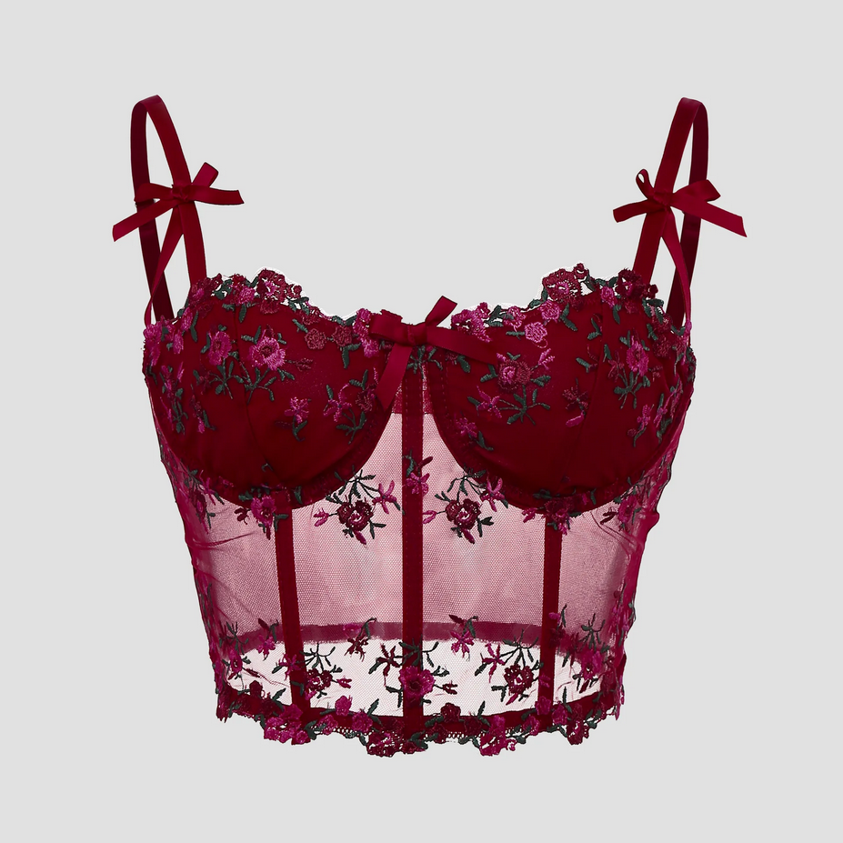 Lace Floral Embroidery Bow Corset Top