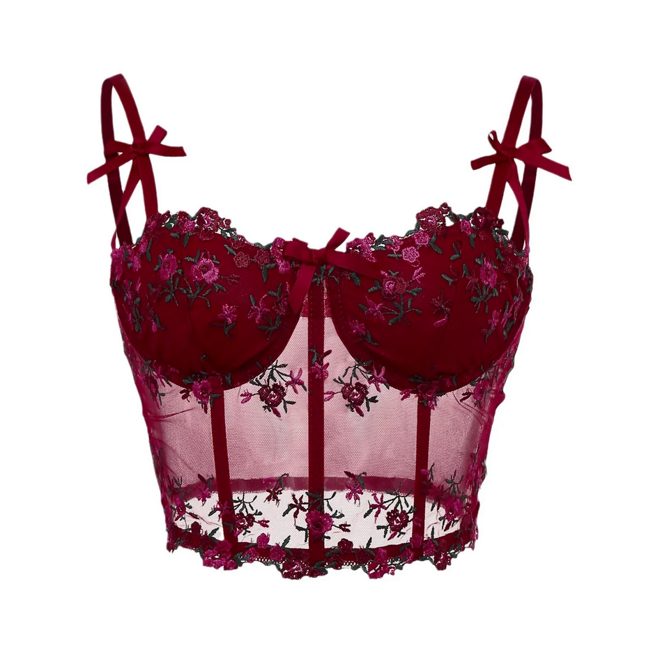Lace Floral Embroidery Bow Corset Top