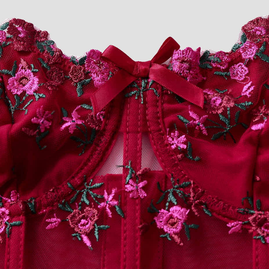 Lace Floral Embroidery Bow Corset Top
