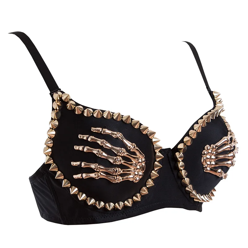 Gold Rivets &amp; Skeleton Hands Punk Rock Sexy Push Up Bra