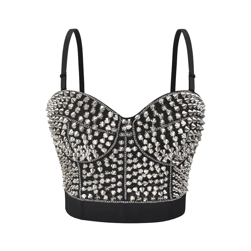 Black Bustier Crop Top with Silver Rivets