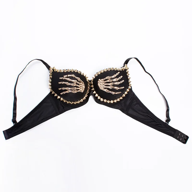Gold Rivets &amp; Skeleton Hands Punk Rock Sexy Push Up Bra