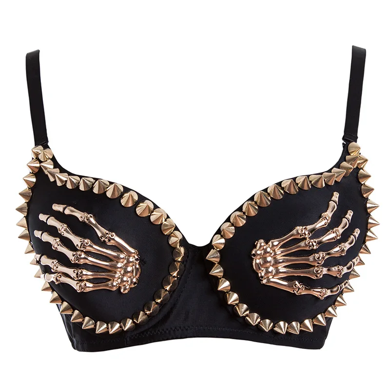 Gold Rivets &amp; Skeleton Hands Punk Rock Sexy Push Up Bra