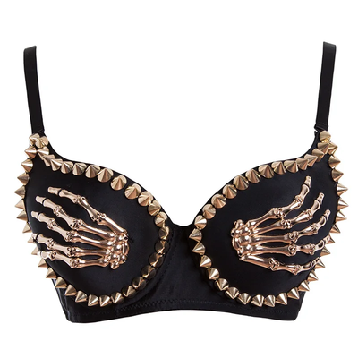 Gold Rivets &amp; Skeleton Hands Punk Rock Sexy Push Up Bra