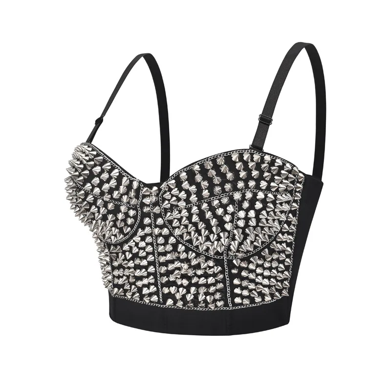 Black Bustier Crop Top with Silver Rivets