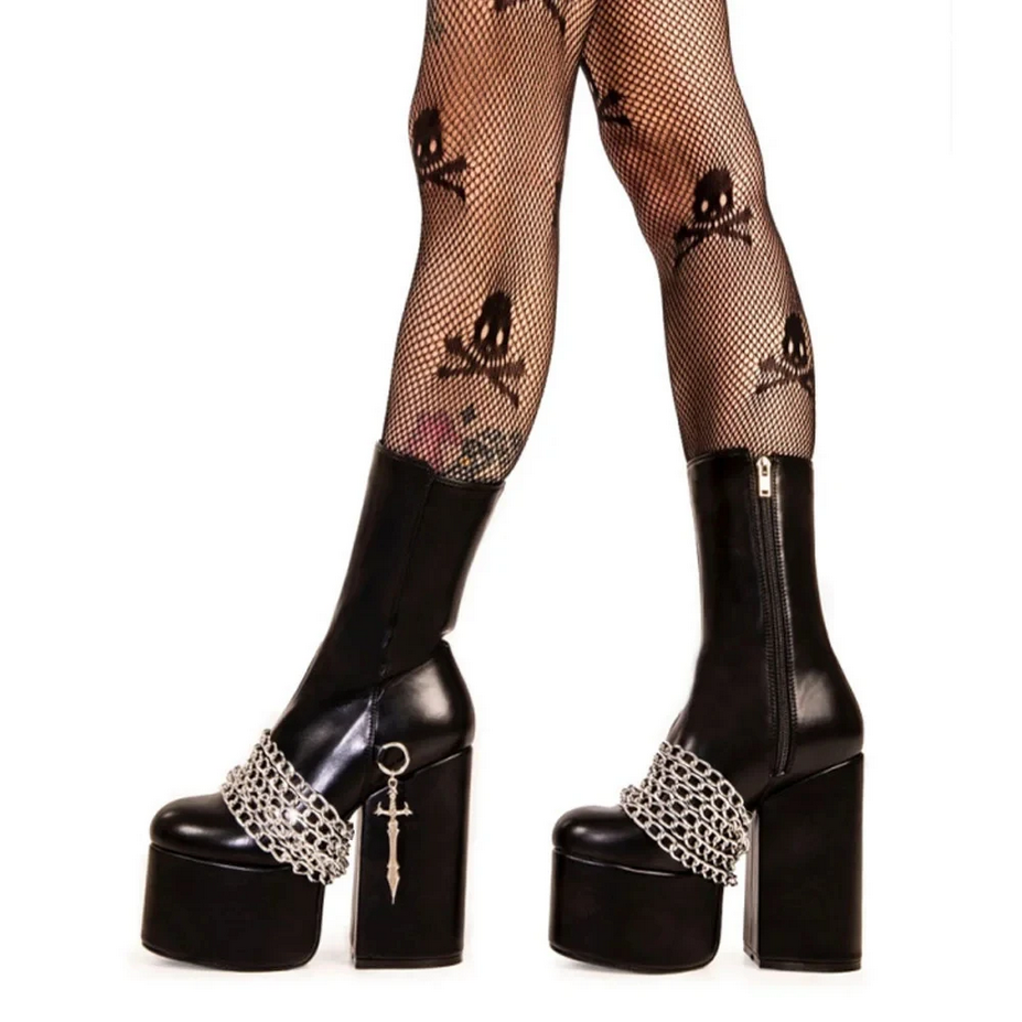 Black Platform Heels Chain Gothic Ankle Boots