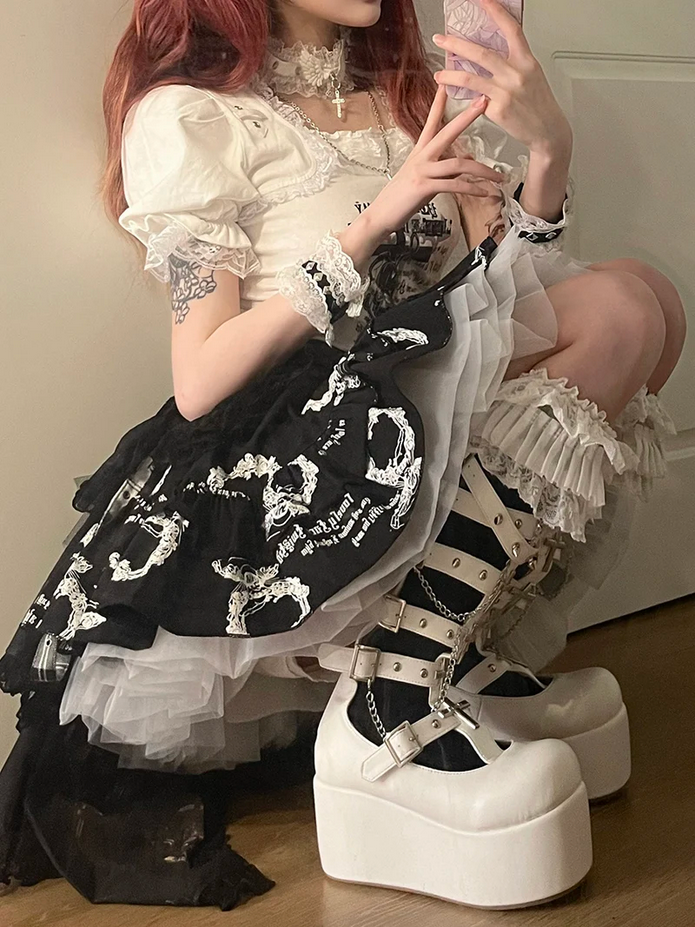 Punk Style Cross Rivets  Black and White Platform Shoes