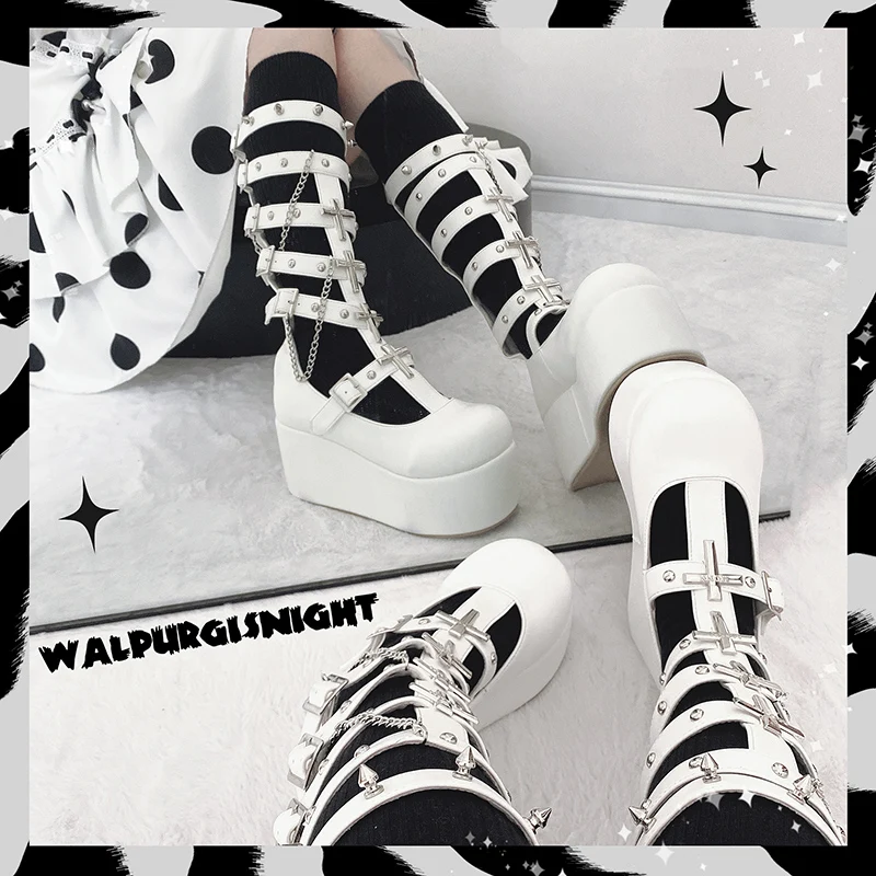 Punk Style Cross Rivets  Black and White Platform Shoes