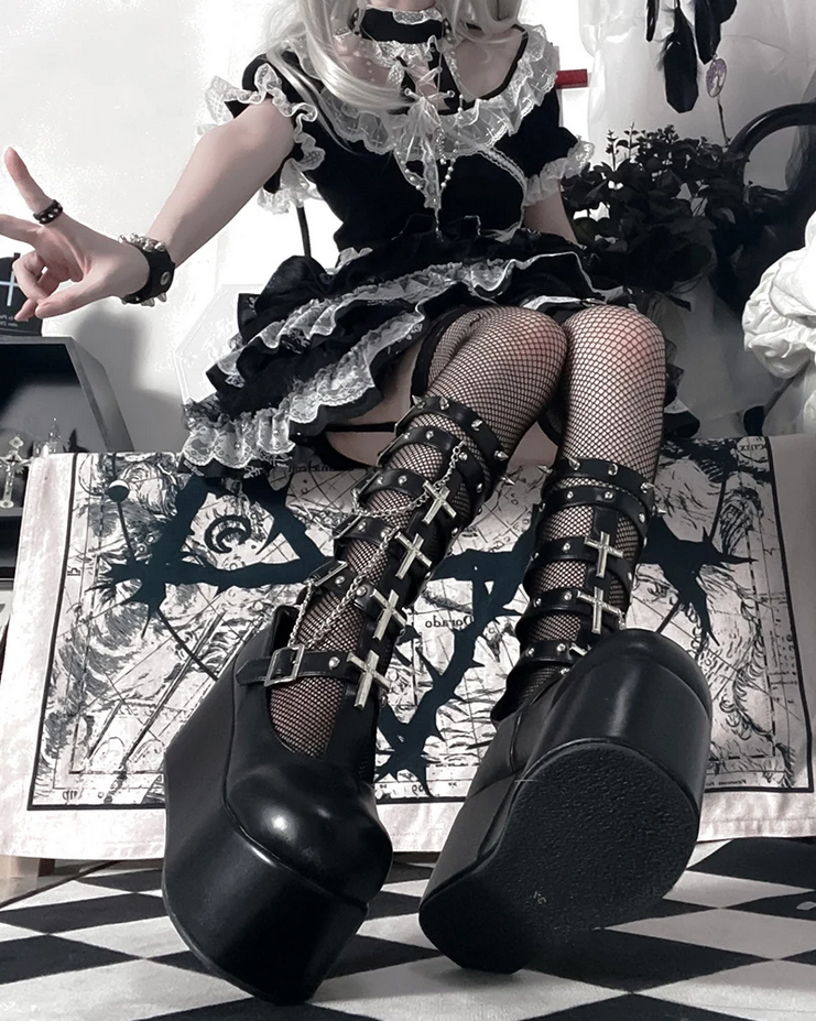 Punk Style Cross Rivets  Black and White Platform Shoes